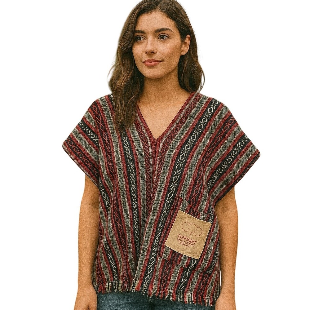 Elephant‎ Jungle Sanctuary Boho Striped Poncho Ethnic Fringe Festival Wrap 
 XL